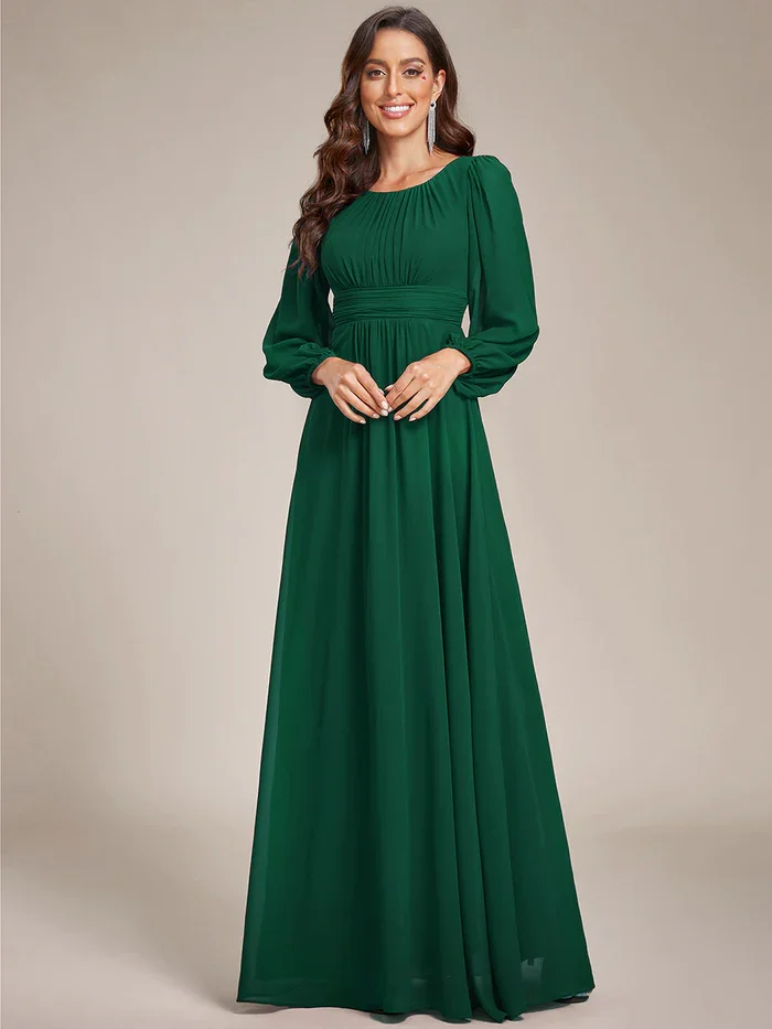 Ever Pretty 2023 Round Neck Chiffon High Empire Waist Puff Sleeve Mother Dress, Long Lantern Sleeves bridesmaid dresses