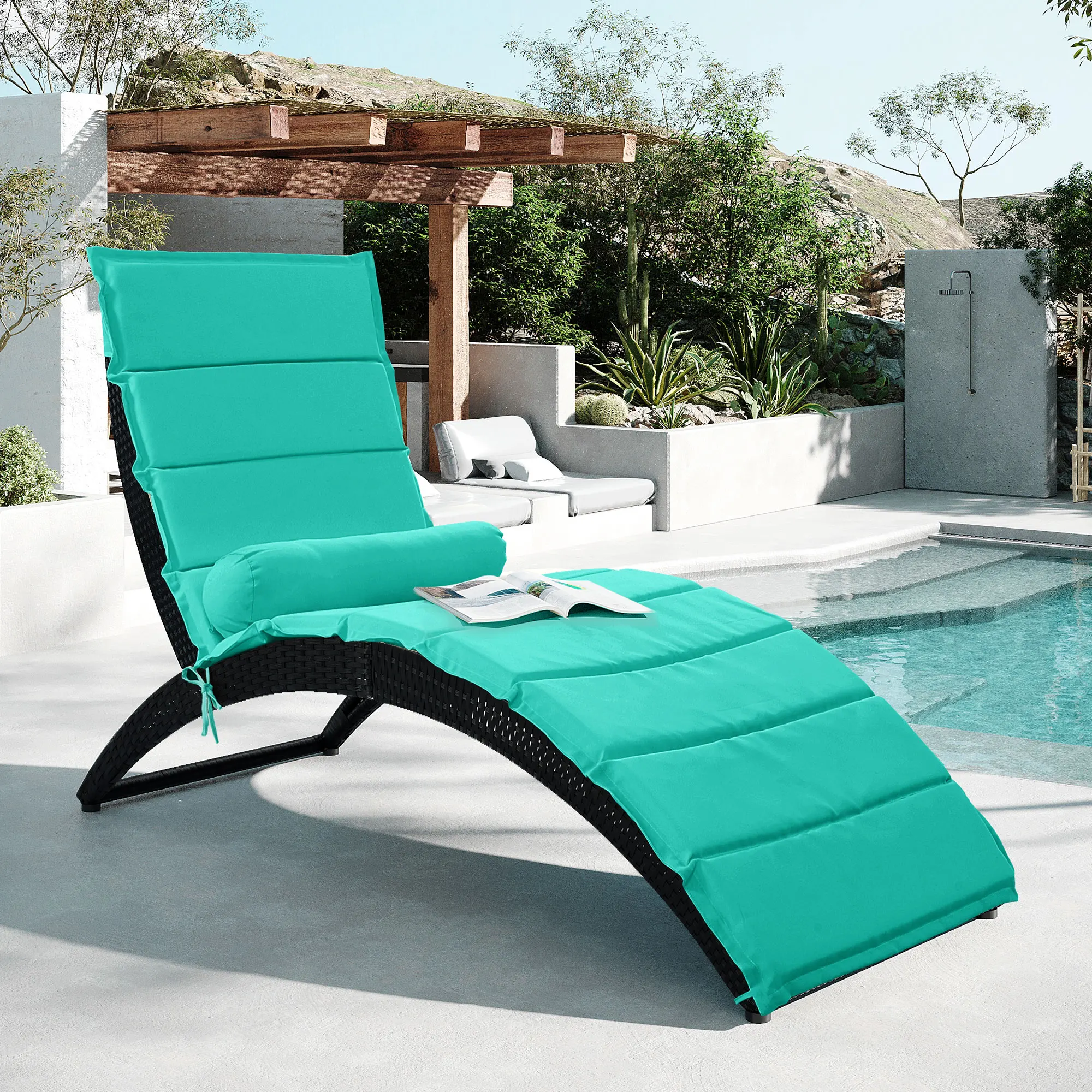 

Patio Wicker Sun Lounger PE Rattan Foldable Chaise Lounger with Removable Cushion and Bolster Pillow