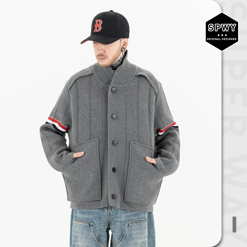 Men Women Superway Cardigans Korean Style Knit Sweater Unisex High Neck Wool Vertical Striped Y2K Vintage Warm Loose