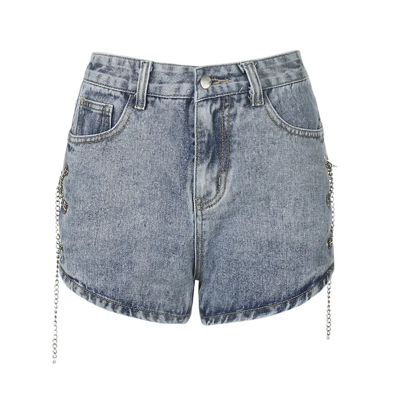 Y2K Denim Shorts with Chain for Women, Solid Colors, High Waist, Straight Shorts, Slim, Split, Buckle Wear, Streetwear, Harajuku