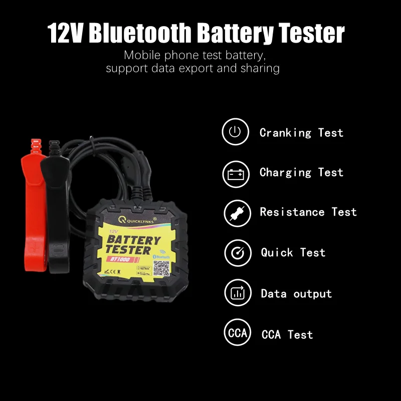 QUICKLYNKS BT1000 Bluetooth 4.0 12V Car Motorcycle Truck Battery Tester Cranking Charging Resistance Test 2000 CCA Battery Tool Battery Monitoring Tester