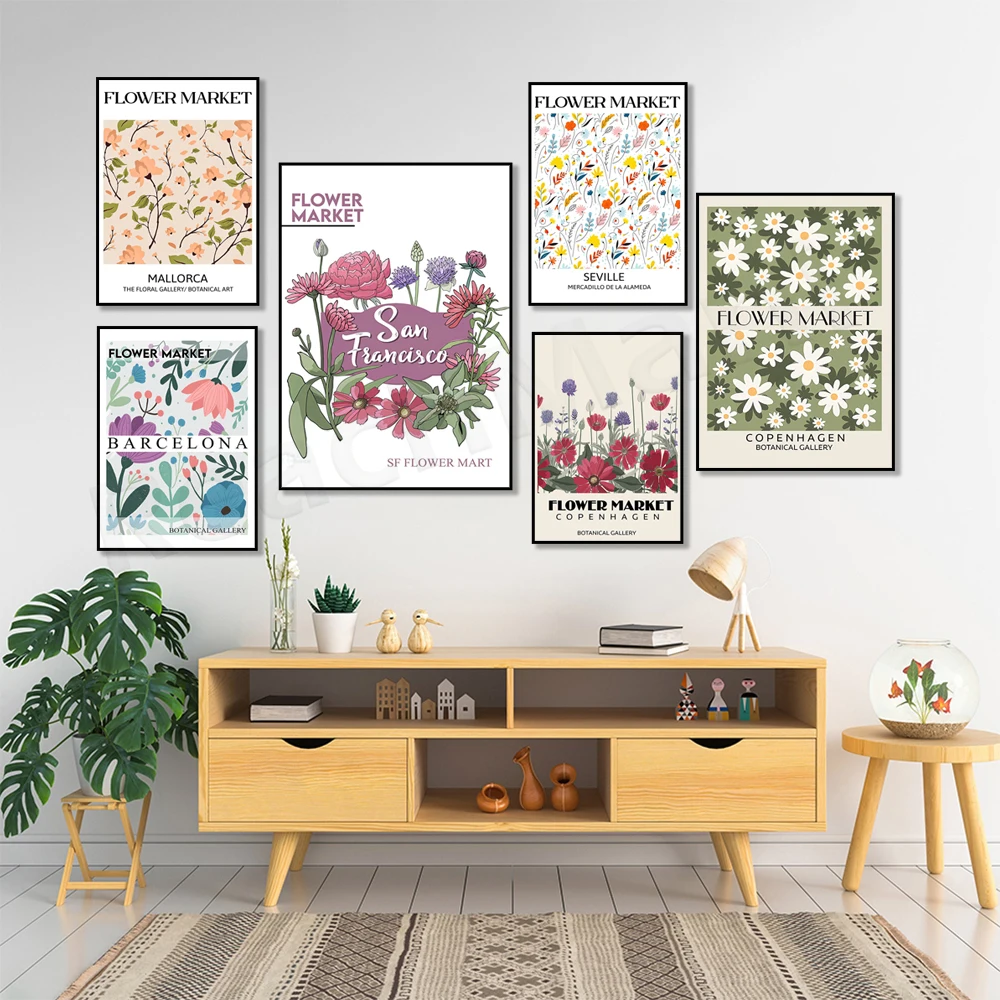 

Flower market poster, Seville, Ibiza, Mallorca, Sydney, Covent Garden flower art, daisies, green garden poster, botanical art