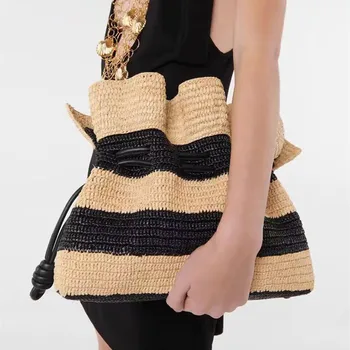 Nuova Borsa Grande Intrecciata a Righe con Tracolla Singola, Borsa a Spalla in Paglia Intrecciata con Coulisse da Donna
