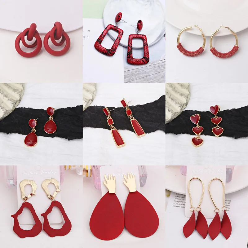 Neue weinrote geometrische Hängeohrringe für Damen, Metallanhänger, rote, übertriebene Tropfenohrringe, Aretes – Detail 1