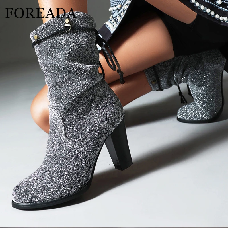 

FOREADA Women Ankle Cowboy Short Boots Round Toe Chunky High Heels Western Cowgirl Boots Ladies Fashion Shoes Autumn Winter 46
