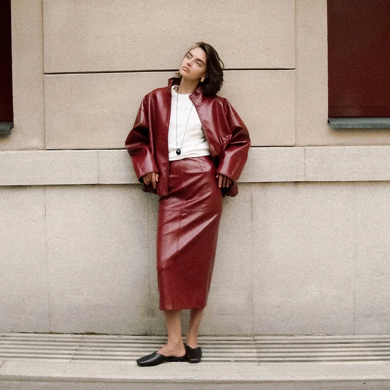 Street Zipper Leather Jackets Skirts Sets Women Loose Stand Collar Full Sleeve Coat Straight Skirt 2025 Autumn Winter Lady Suit Sc653260855974285889c0ce152fc5fead