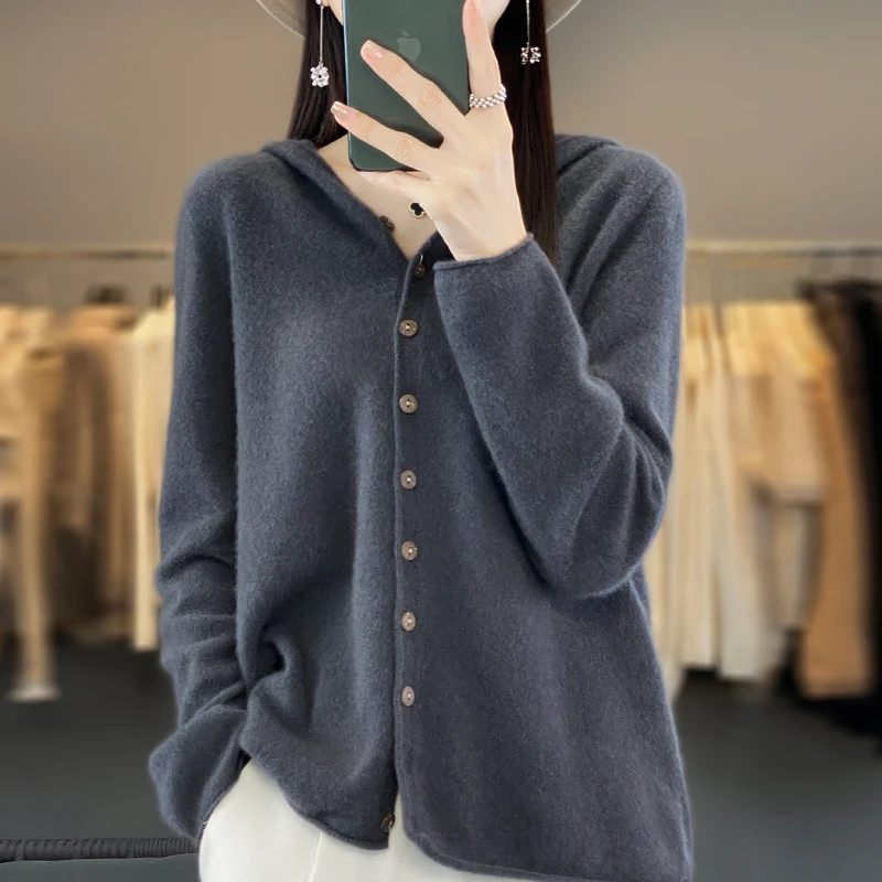 Fall/Winter 2024 New 100% Merino Sweater Women's Hooded Cardigan Loose Sweater Long Sleeve Button Knitted Sweater Jacket 4