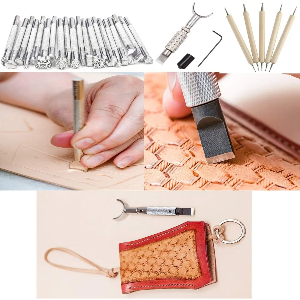 Leather Crafting Kit with Tools, Stamping, Waxed Thread Groover, Awl, and Stitching Supplies for Professional Leatherworking