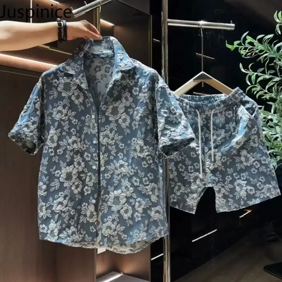 Summer Printed Short-sleeved Shirt Shorts Suit Men's Handsome Loose Casual High Street Personalized Tops Pants Male Clothes 4