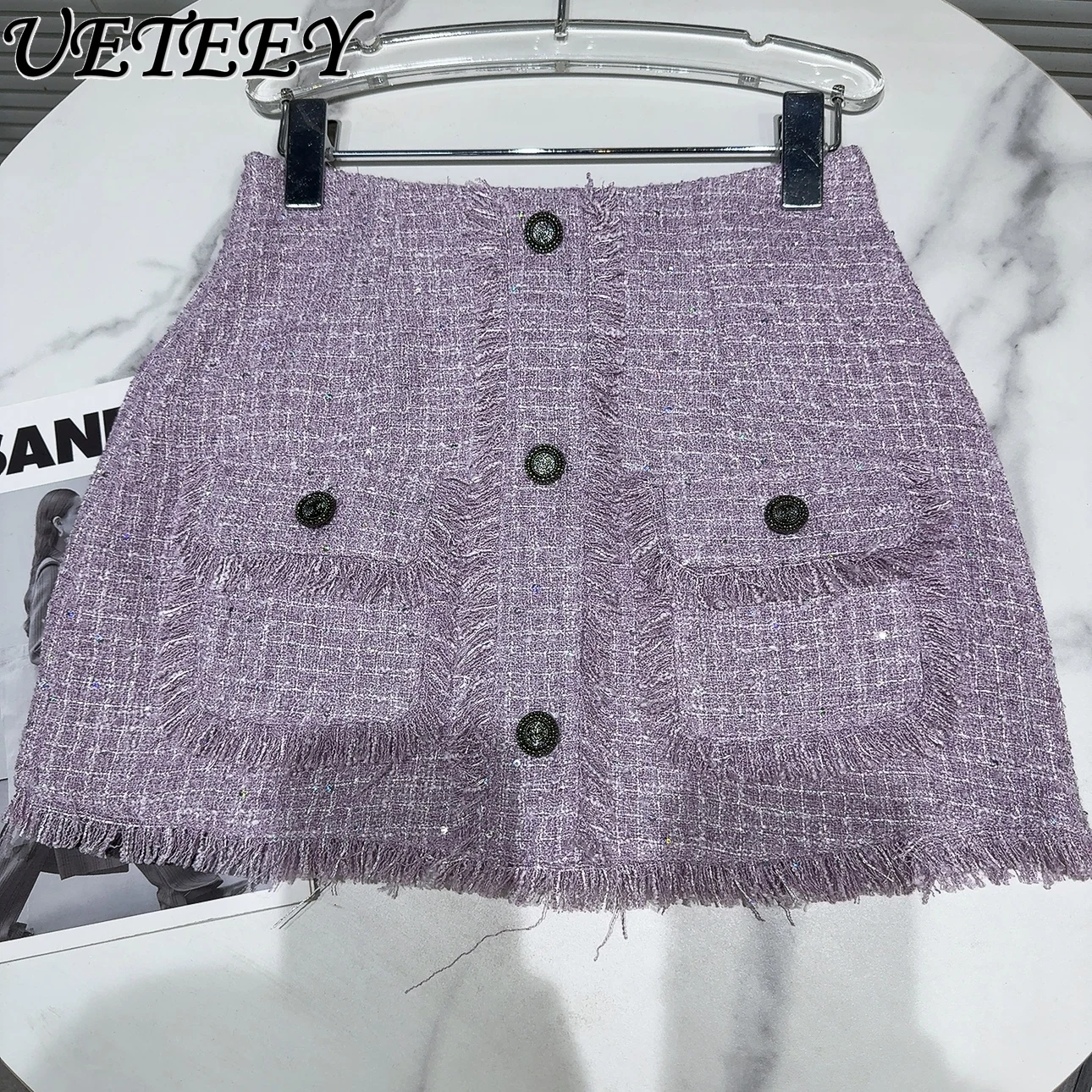 Summer New Fashion Sleeveless Short Coat Burrs Tassels Tweed Waistcoat Vest and A-line Mini Skirt Outfit Women's Two Piece Set