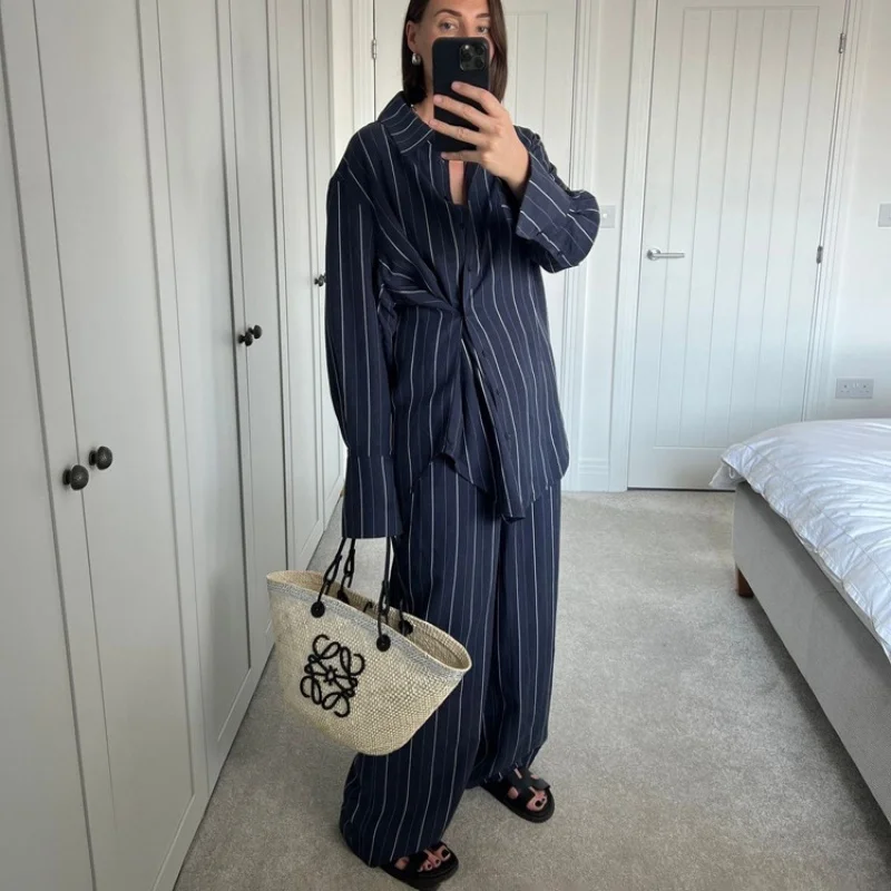 New Autumn and Winter Blue Striped Shirt Casual Suit Women's Wide-Leg Pants Two-Piece SetWlj