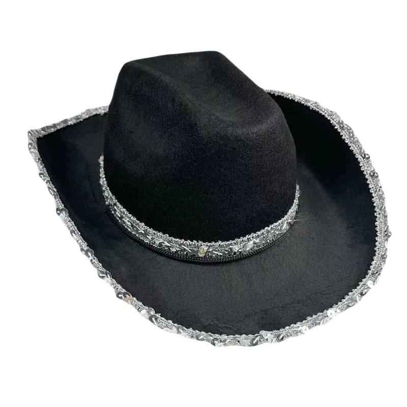 Women Vintage Western Black Cowboy Hats Shiny Sequined Wide Brim Thick Cap for Club Party Outdoor Camping Riding Sun Protection - 5