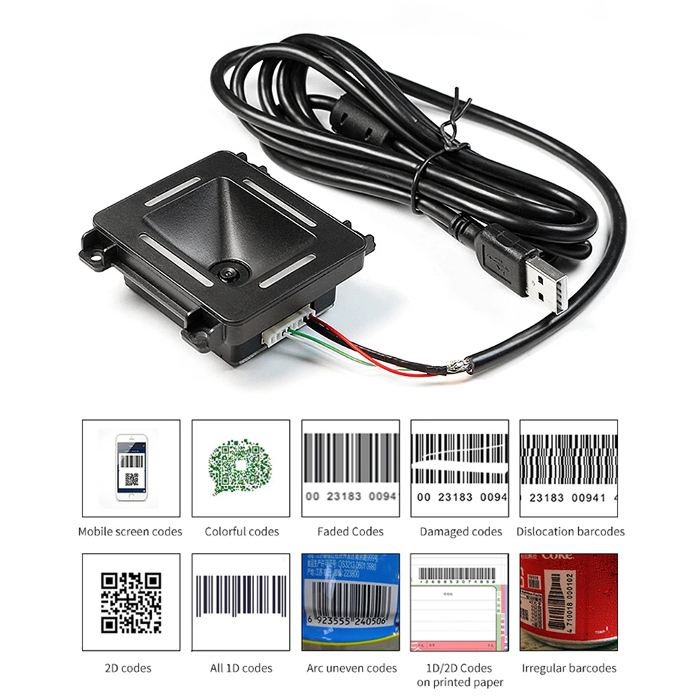 내장형 바코드 스캐너, 자기 유도 1D 2D QR 바코드 리더 모듈, 지지대 RS-232, TTL, USB 포트 연결, 자동 스캐닝