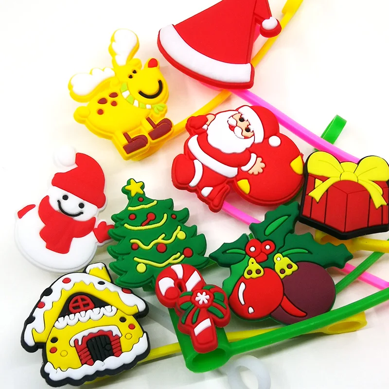 50PCS PVC Christmas Style Straw Topper Reusable Preventing Spillage Xmas  Creative Straw Cover Drink Dustproof Decorations