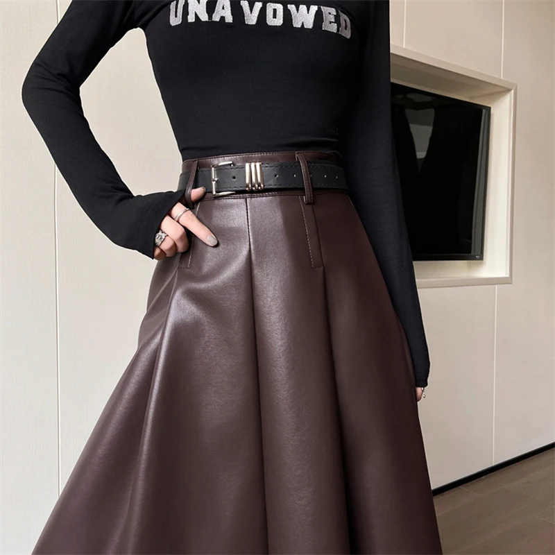 Harajuku Pu Leather Long Skirts Women Korean High Waist Elegant