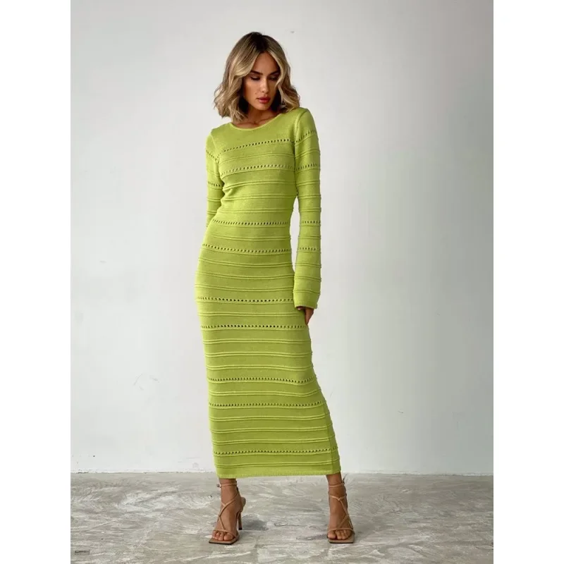 Striped Hollow Two-Wear Knitted Long Dress For Women Fashion Party Club Sweater Dress Vestido FemaleSlim Solid Outfits