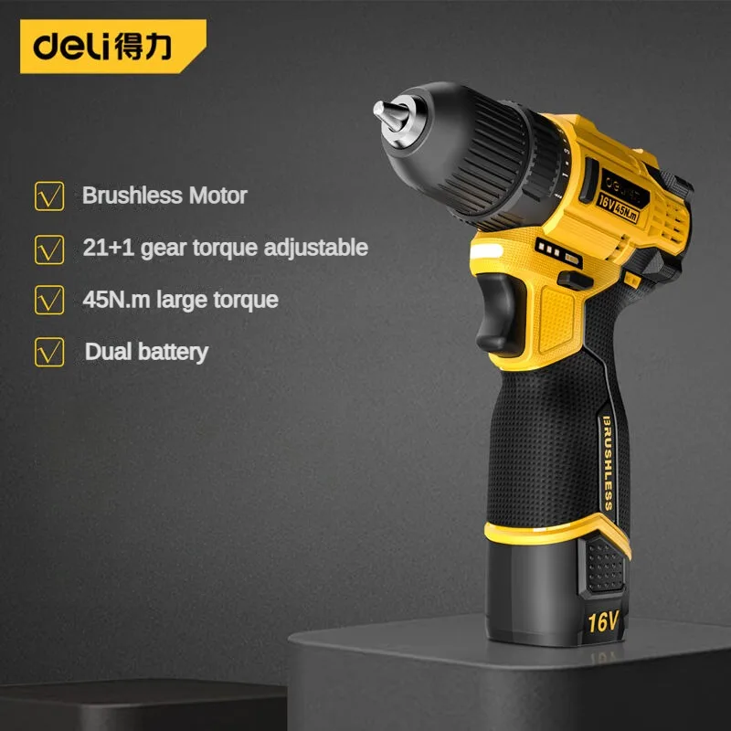 Deli 16V 45N.m lithium battery Brushless Lithium Electric Drill Hand Electric Drill Electric Screwdriver Driver Electric Drill