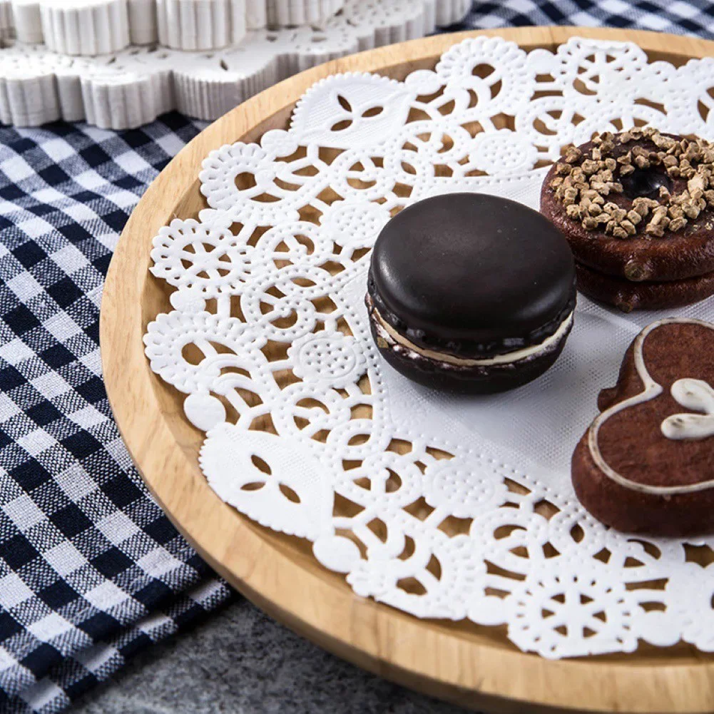 Round Flower Bottom Paper Placemat 140pc Fried Food Mat Dinner Plate Oil Absorbing Paper White Lace Dessert Napkin Baking Parts