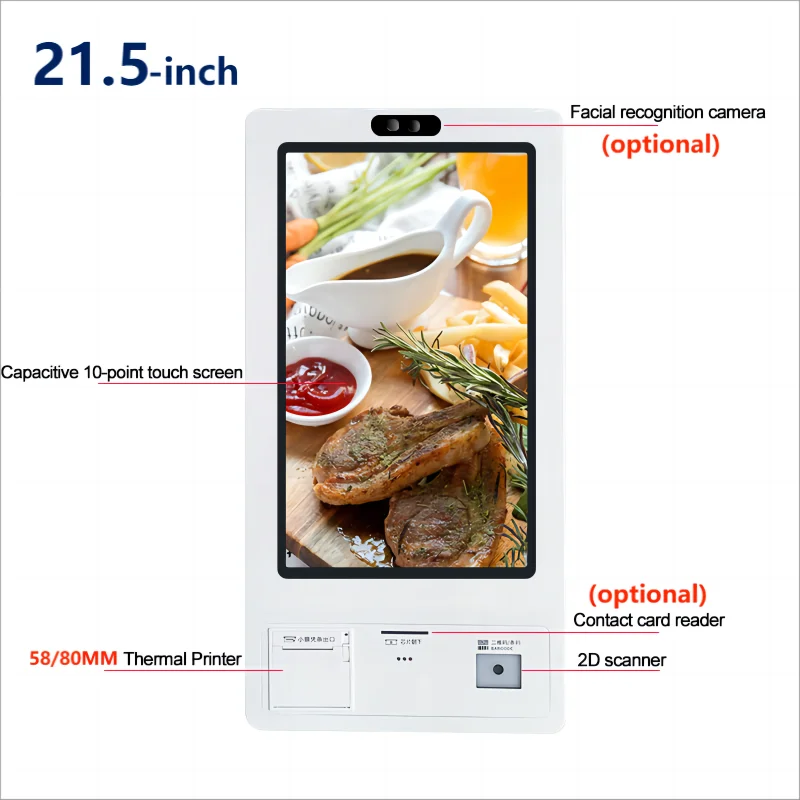 Wall Mounted 21.5 Inch Kiosk, Windows or Android Touch Screen Self Ordering Machine, Kiosk POS with 58/80MM Printer & Scanner
