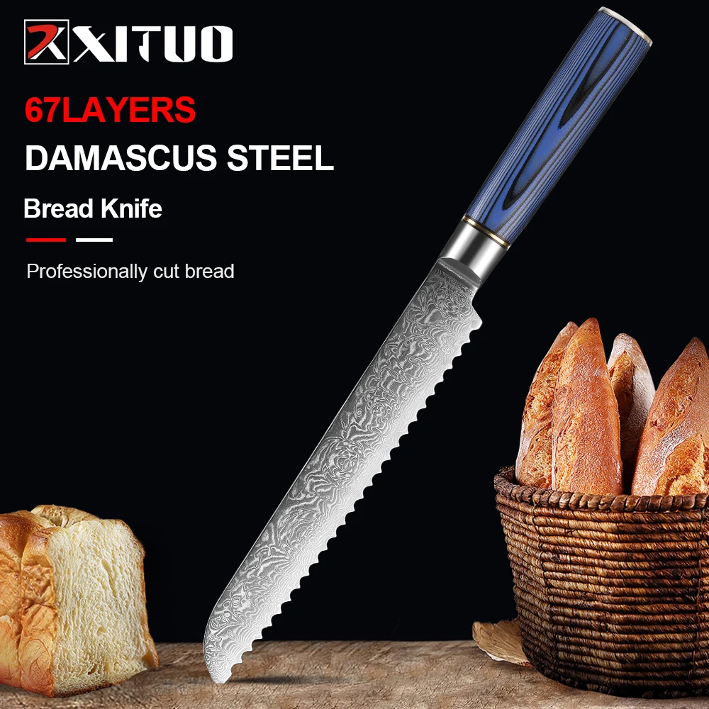 

XITUO Bread Knife 8inch Professional Japanese Damascus Stainless Steel with Blue Premium G10 Handle, Ergonomic Pro Kitchen Knife