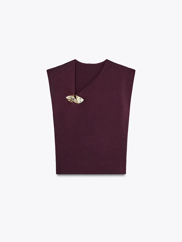 New Summer 2025 Women's Knitted Top Gold Embellied Versatile Asymmetrical Design Commute Sle Slim Fit Regular Length