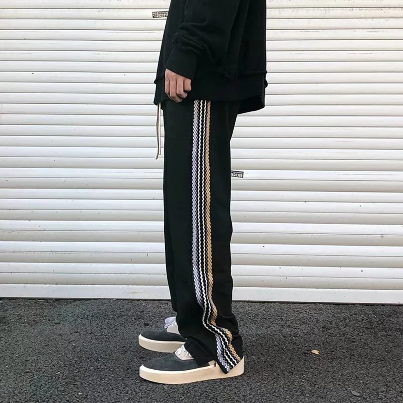 E-BAIHUI Black Men Pants Side Braid Stitching Stripes Sweatpants Streetwear Men Spring and Autumn Loose Slit Mop Pants for Male