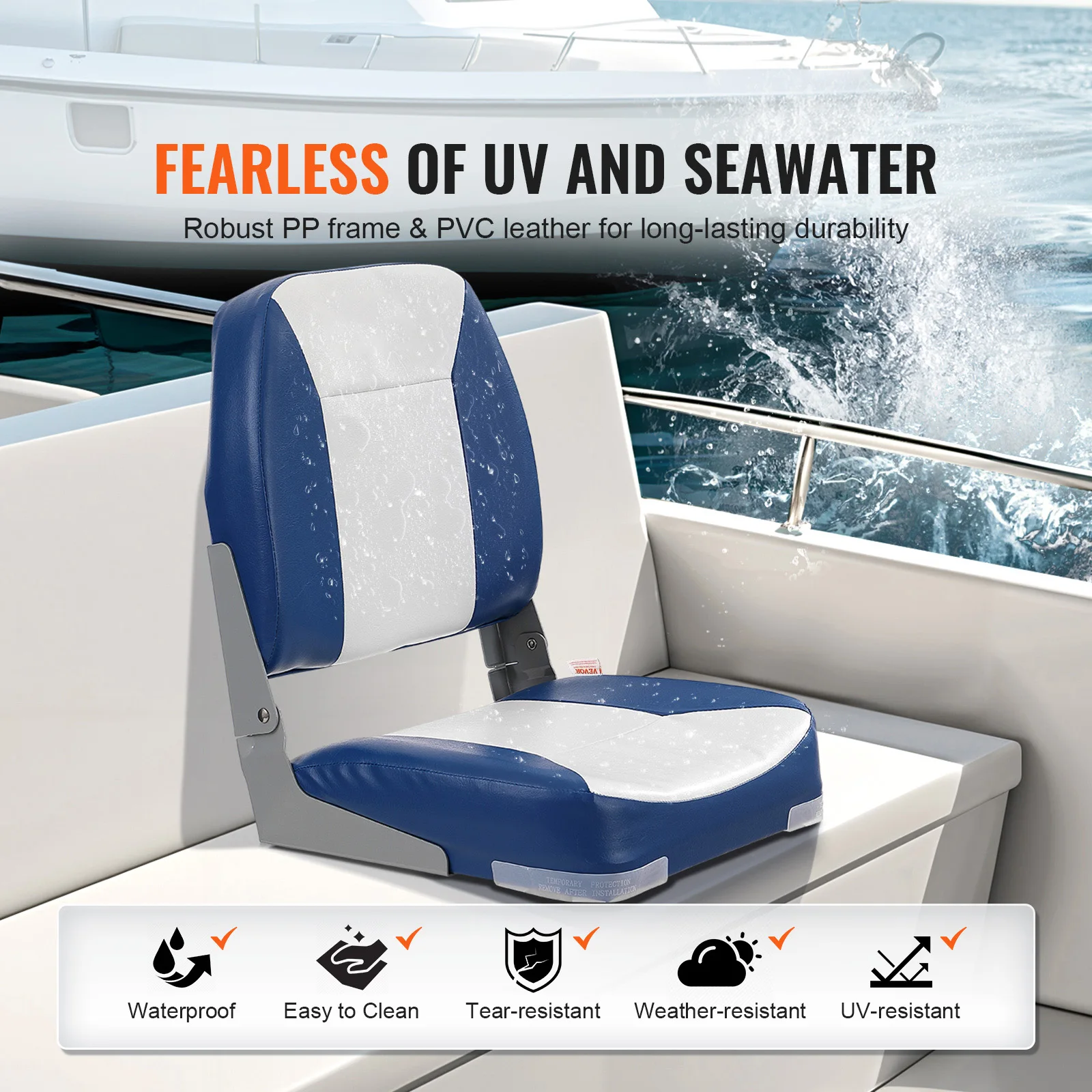 SucceBuy Boat Seat 18.9" Low Back Boat SeatFolding Boat Chair with Thickened Sponge Padding & Hinge Fold-Down Boat Captain Chair