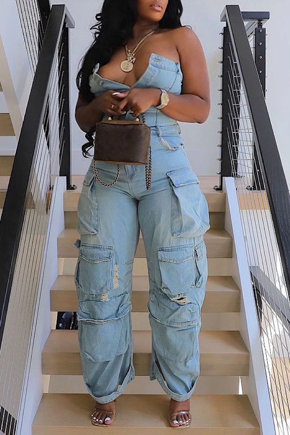 Plus Size Casual Jumpsuit Light Blue Denim Strapless Jumpsuit With Pocket