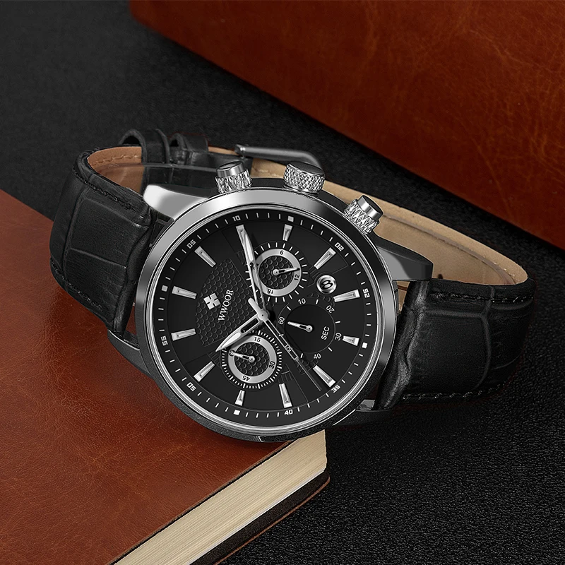 WWOOR Top Brand Men Leather Watches Calendar Chronograph Sport Clock Waterproof Men Quartz Luxury Wristwatches Relogio Masculino
