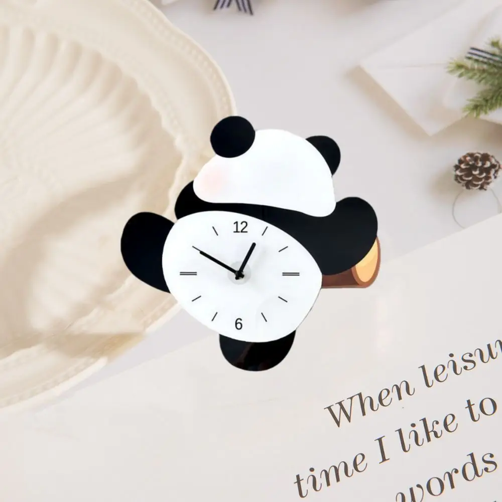 Wall Decoration Cartoon Swinging Panda Wall Clock Wooden Silent Hanging Watch Panda Animal Digital Clock Cafe