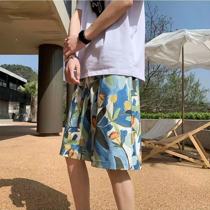 

Мужские летние прямые шорты с цветочным принтом, свободные пляжные шорты с кулиской, мужские повседневные короткие брюки с карманами, G157, 2024