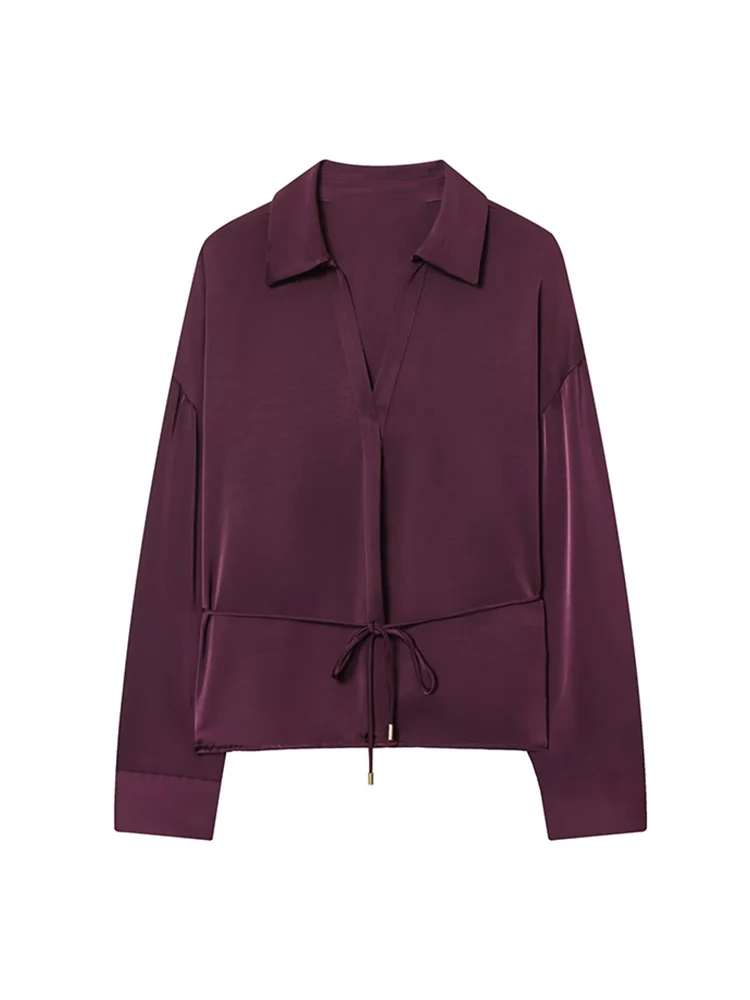 Women Elegant Solid Tops Blouses New Fashion  Office Lady Lapel Long Sleeve Slim Waist Belt Lace-Up Female Simple Style Shirts