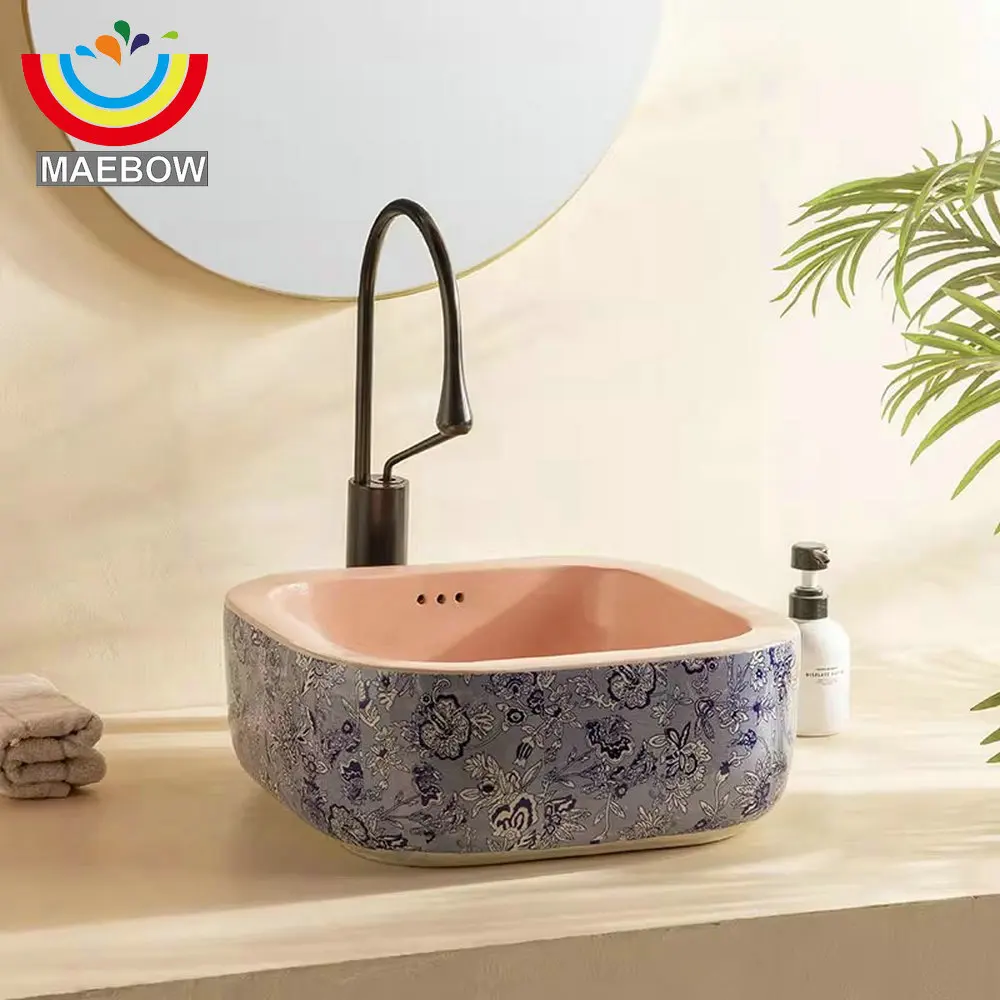 อ่างล้างจานเซรามิกทรงสี่เหลี่ยมผืนผ้าสไตล์เรโทรโมเดิร์น MAEBOW รุ่น Multi Shapes Artistic สำหรับห้องน้ำ สวน ครัว บาร์ ไม่มีรู ขนาด 12 ลิตร ลดราคา 1