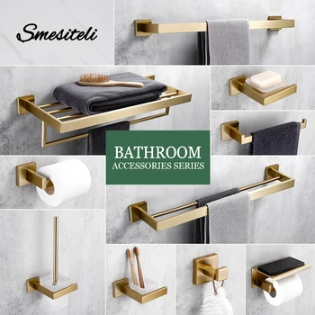 Brushed Gold ชุดอุปกรณ์ห้องน้ํา Wall Mount กระดาษชําระผู้ถือม้วนผ้าเช็ดตัว Robe Hanger สแตนเลสชุดอุปกรณ์เสริม 1
