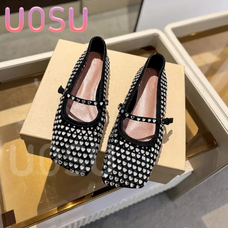 Luxury Women's Flats Designer Mesh Hollowed Out Heart Crystal Shallow Banquet Women's Shoes Square Toe Ballet Shoes Dresses