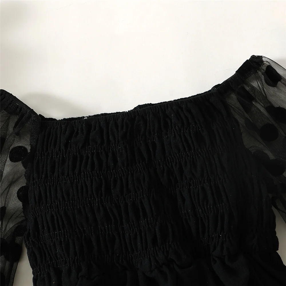 Girl's Fashion Off the Shoulder Dress with Mesh Puffed Sleeves 2