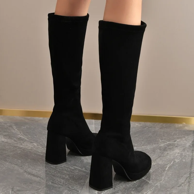 2025 Winter New Brand Women Boots Fashion Round Toe Slip on Knee-high Boots Square High Heel Long Boots Shoes Ladies Black