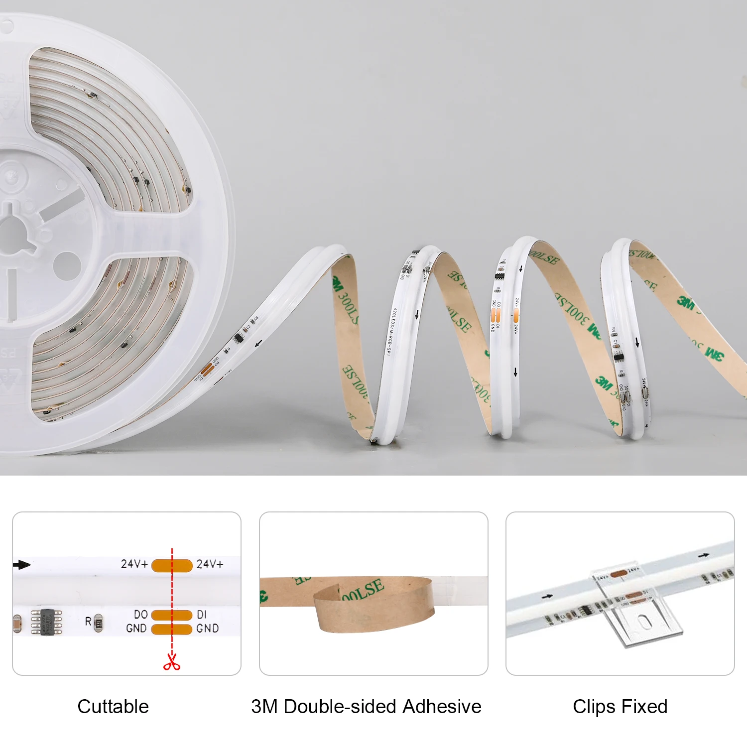 FCOB SPI RGB IC LED 스트립 조명 WS2811 주소 지정 가능 RA90 DC24V 420LED/m 드림 컬러 WS2812B 고밀도 유연한 FOB COB 테이프