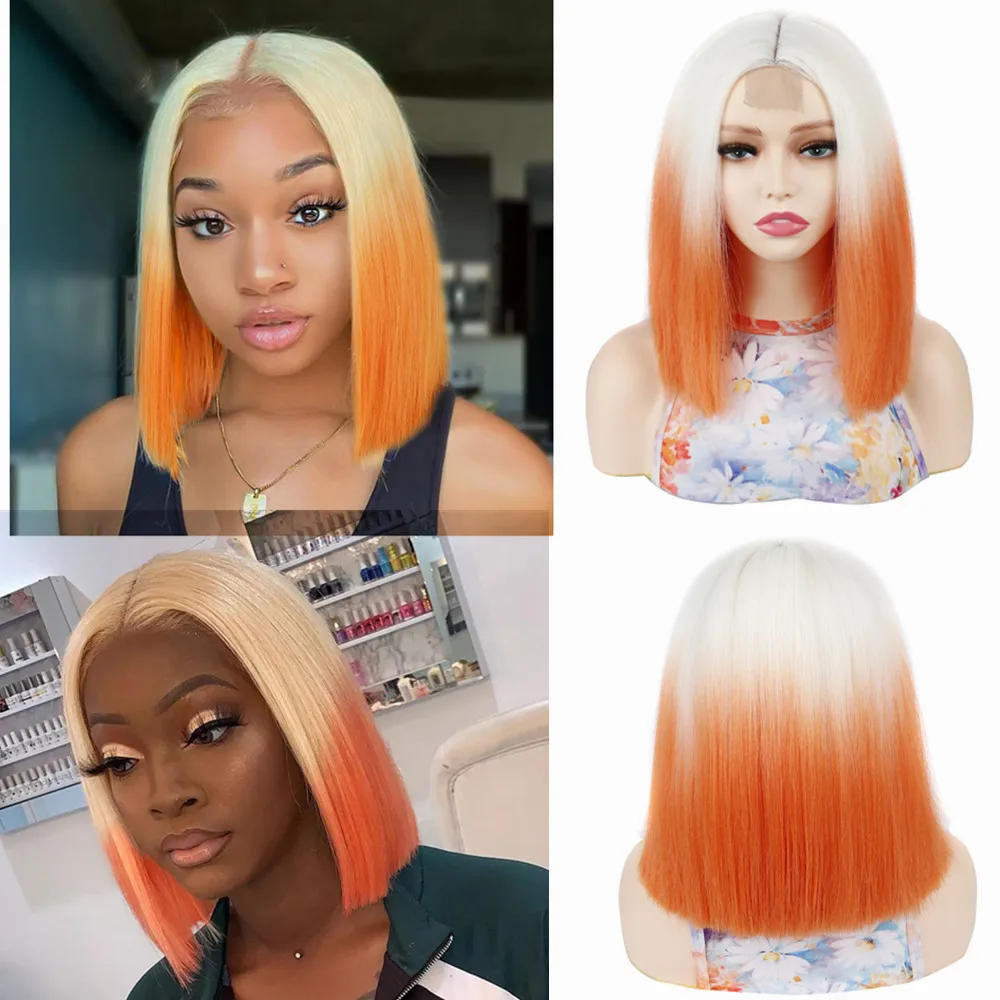 Bobo Cosplay Wig Small Lace Head Cover Snow White Gradient Orange Hair Middle Split Straight 12 Inch