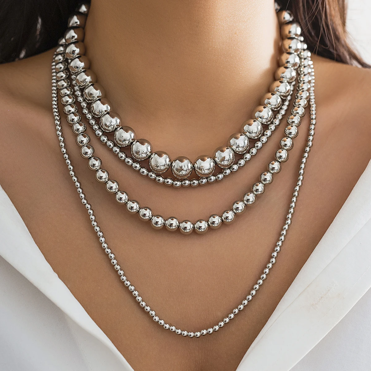 Exaggerated Multilayer Silver Color Big Beads Necklace for Women Luxury Punk Acrylic CCB Long Chokers Wedding Party Neck Jewelry