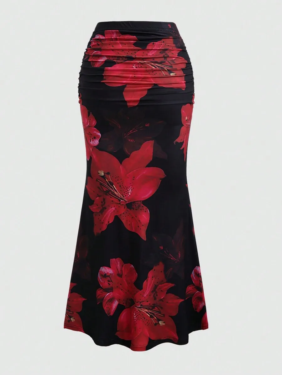 Women's Pleated A-Line Skirt Vintage Flower Printed Ruched Bodycon Skirts Summer Leisure Vacation Long Skirt 1
