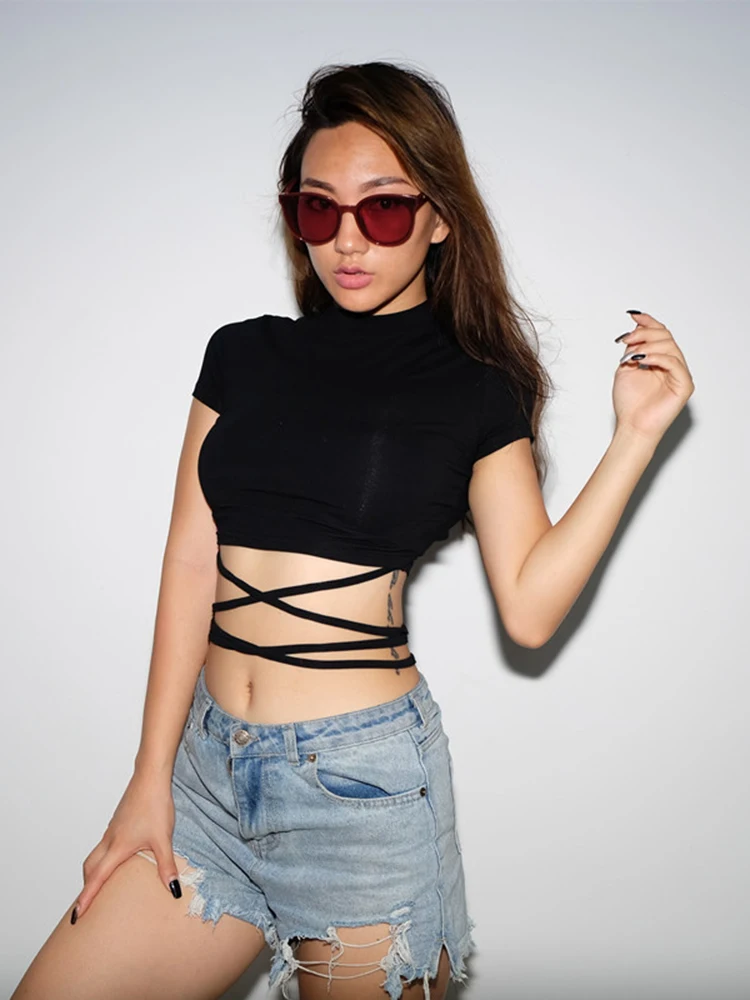 2022 Summer Women Black Short T-Shirts Sexy Crop Tops Short Sleeve Bandage Tee Tops Female Shirts 5