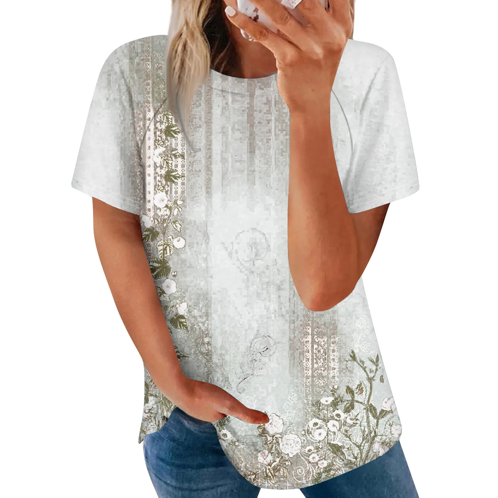 

Женская рубашка с коротким рукавом реглан, Повседневная Свободная футболка с круглым вырезом и принтом, Женский Топ, 2024