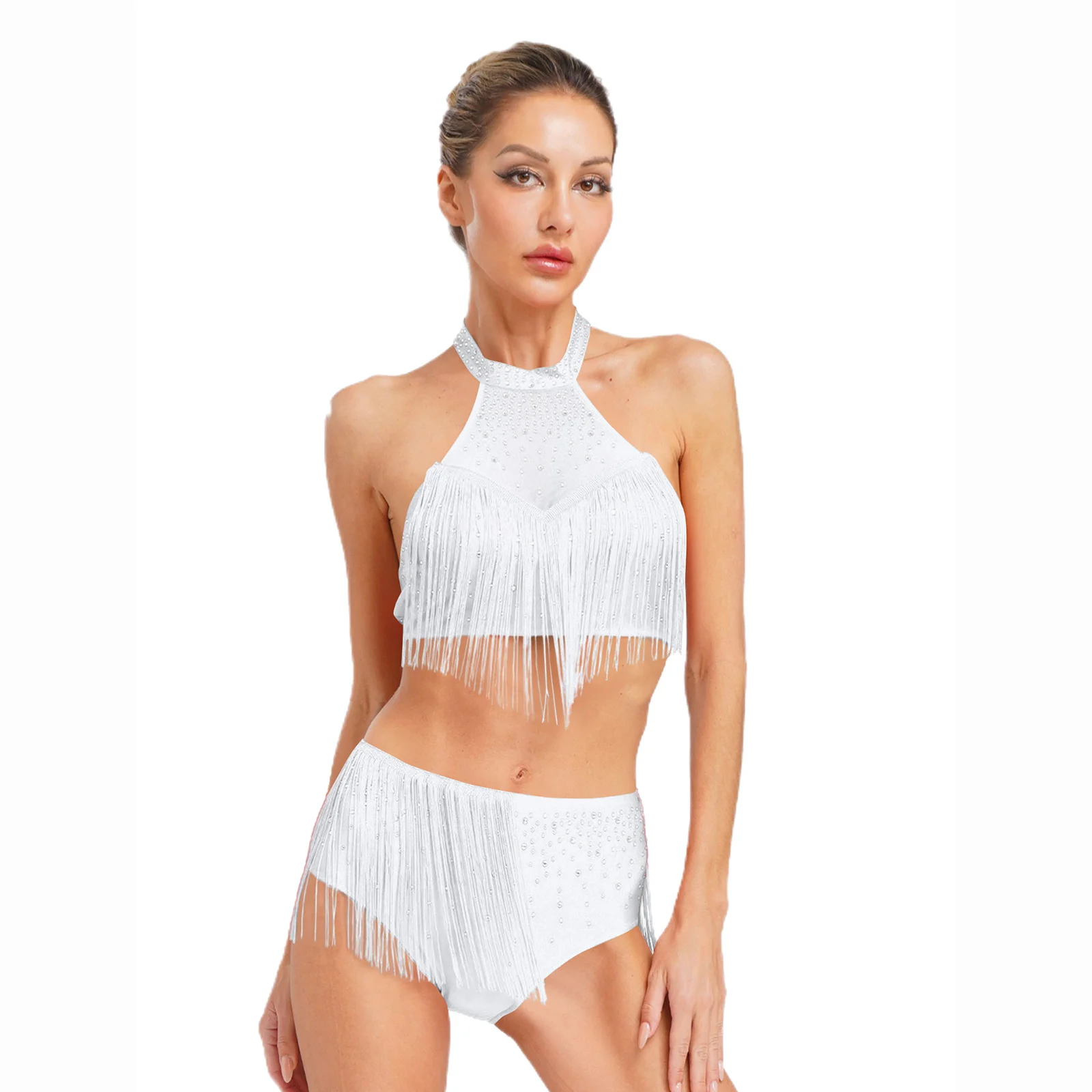 Frauen Latin Ballroom Dance Kostüm Glänzende Strass Sheer Mesh Crop Top mit Quaste Slips für Cha-cha Salsa Samba Bauchtanz – Detail 20
