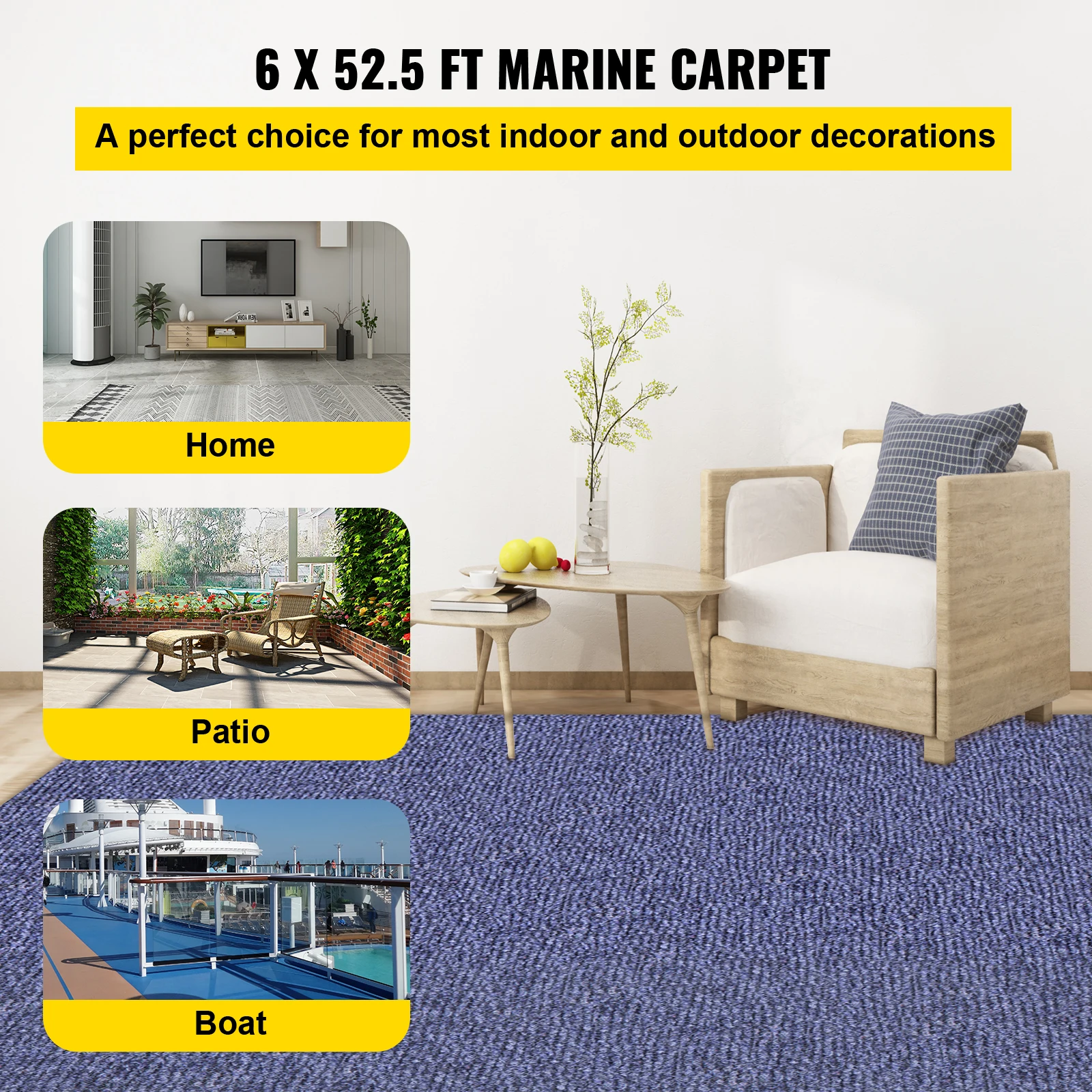 VEVOR Blue Marine Boat Carpet 6x52.5ft Waterproof Polyester Outdoor Deck Carpet Cuttable Anti-Slide Patio Porch Mat Rug