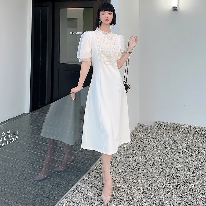 

2024 Summer New French Vintage Beaded Knit Women's Dress Puffed Sleeves And O-Neck Elegant Long Dress