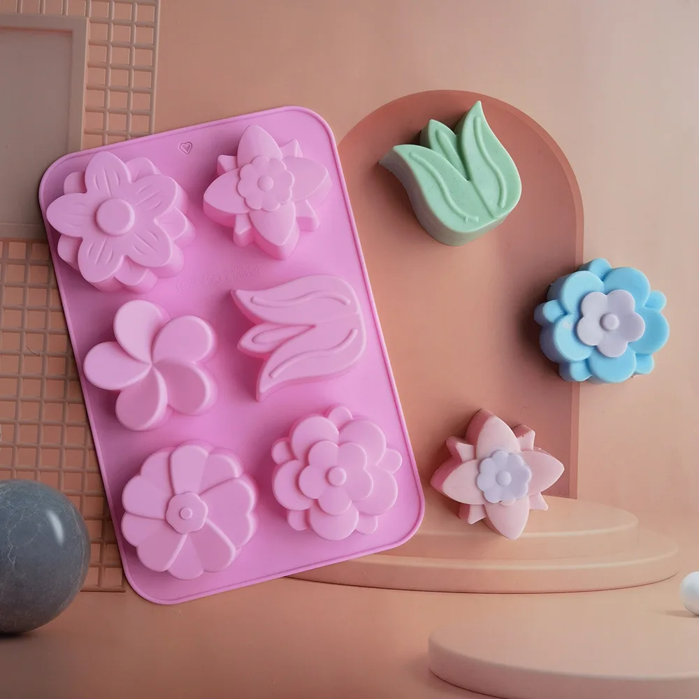 Silicone mold 6 holes flower-shaped rose flower homemade soap candle making easy demould handmade cake chocolate baking