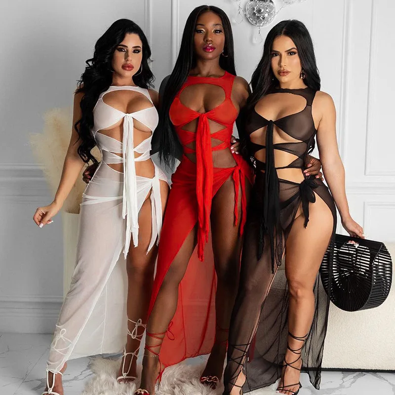 Vestidos ajustados sexis para fiesta y club para mujer, ropa de verano 2025, vestido de malla con cordones y corte liso, ropa de calle femenina