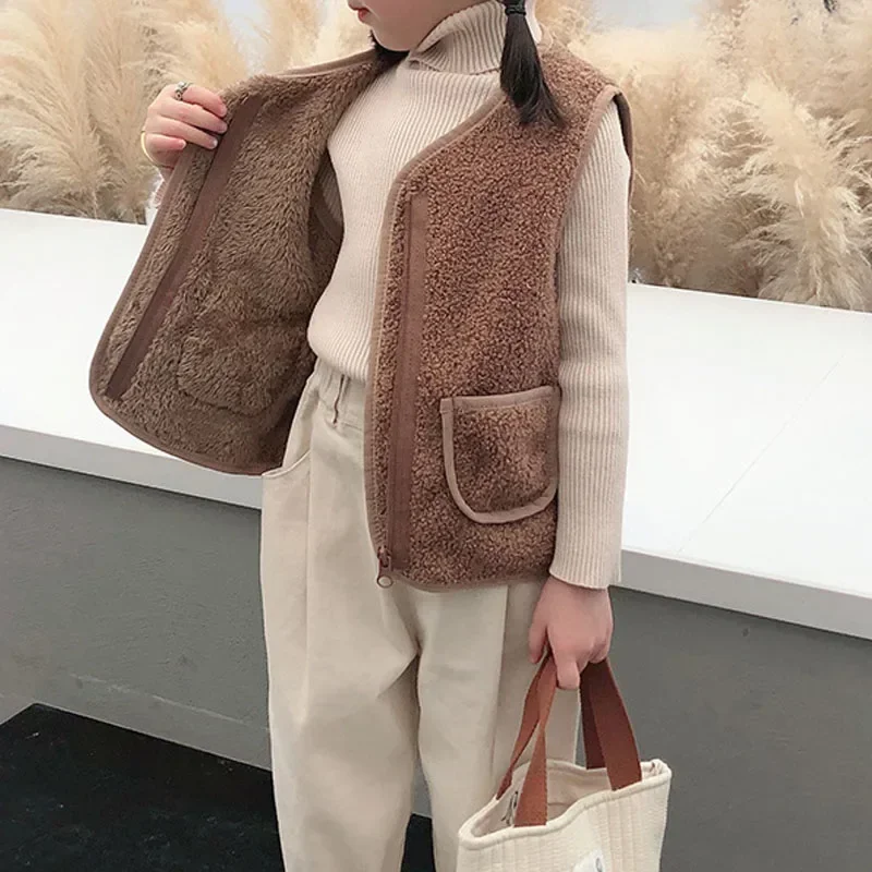 Autumn Winter Baby Lamb Wool Warm Waistcoat Girls Boys Plush Vest Single Breasted Double Layer Child Warm Fashion Warm Coat