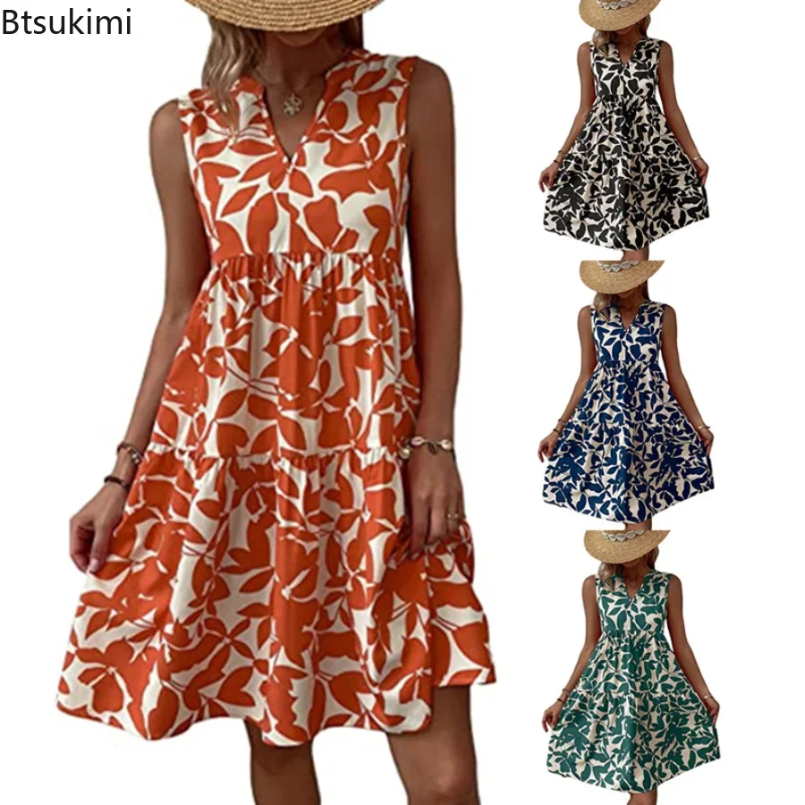 

New 2024 Women's Summer Boho Floral Printed Mini Dress Casual V-Neck Sleeveless Dress Female Beach Party Dress Sundress Vestidos